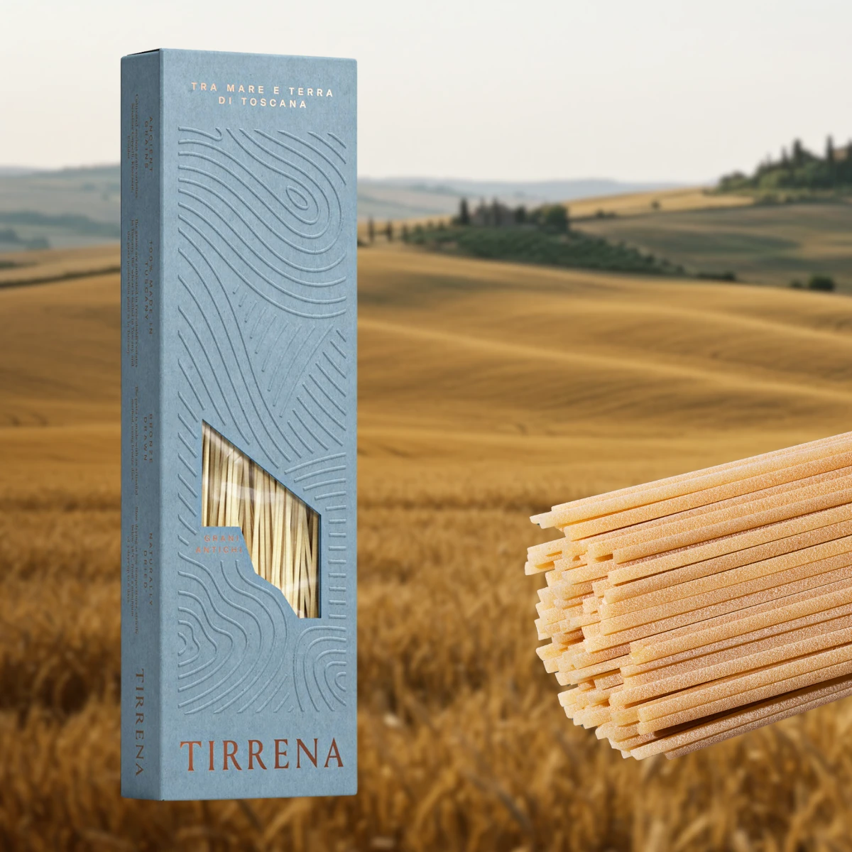 Tirrena Linguine 扁細麵，由托斯卡納古老穀物製成，適合搭配海鮮與橄欖油。