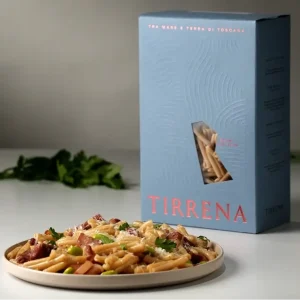 Tirrena Penne Rigate 筆管麵，由托斯卡納古老穀物製成，具有卓越的醬汁附著力。
